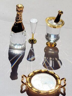 Swarovski Crystal Memories Champagne Set Lot - Gold Bottle Flute Ice Bucket Tray